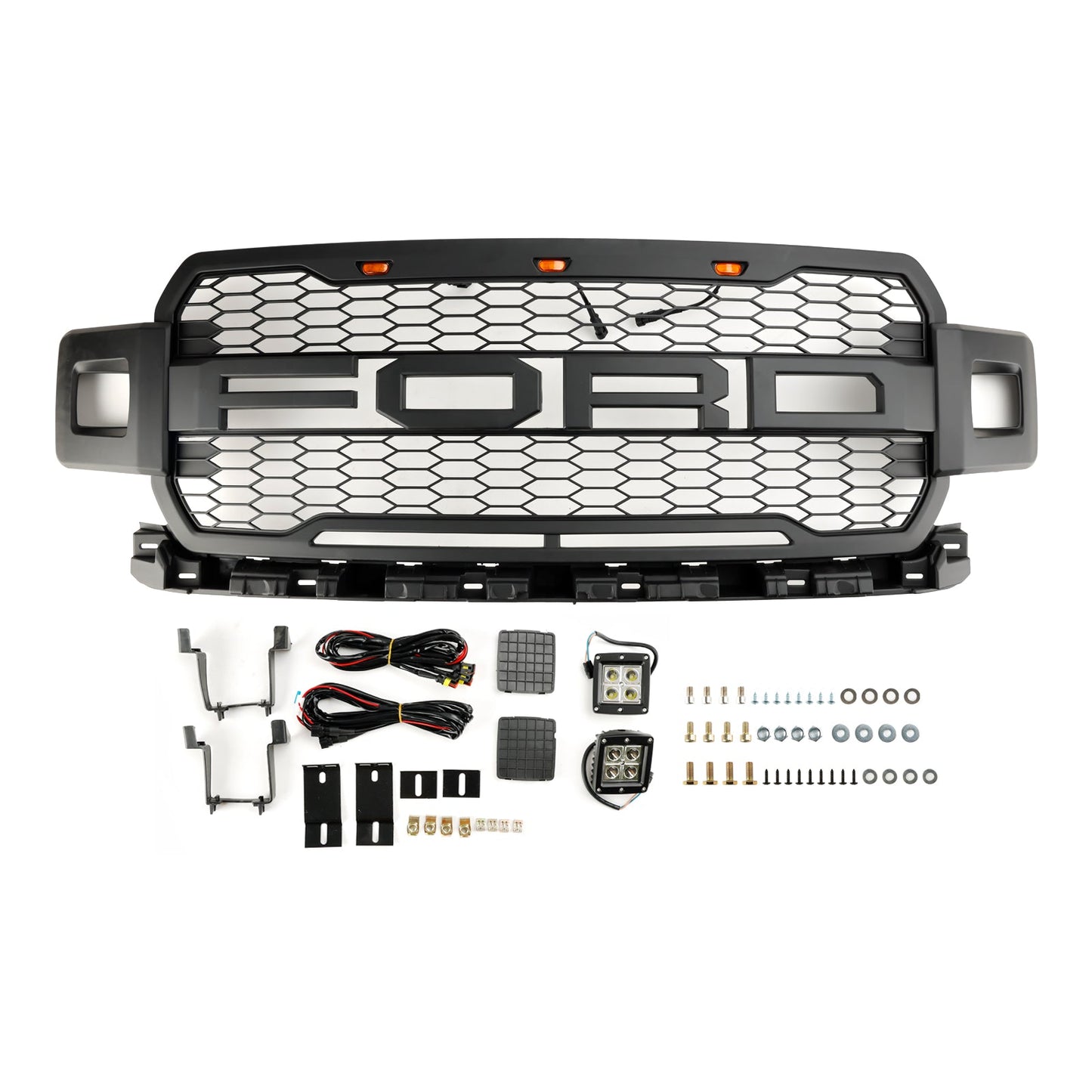 2018-2020 Raptor Style Ford F 150 Matt Black Front Grille Air Intake Radiator Bumper Honeycomb Grill + LED light