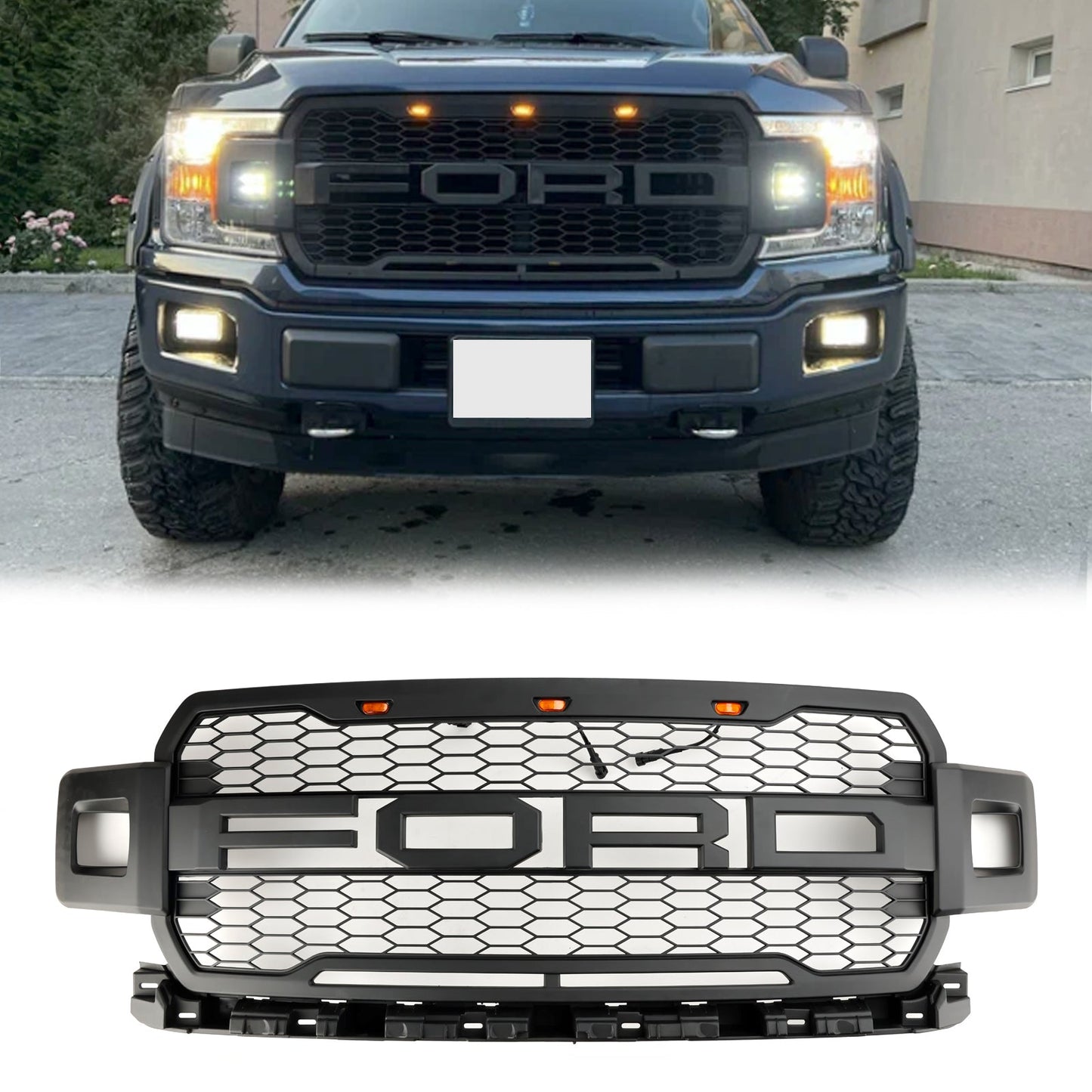 2018-2020 Raptor Style Ford F 150 Matt Black Front Grille Air Intake Radiator Bumper Honeycomb Grill + LED light