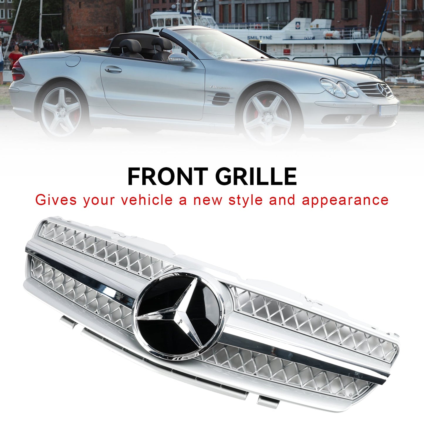2002-2006 Mercedes Benz SL-Class R230 SL350/500/600/SL55/SL65 Front Bumper Upper Grill Silver Chrome Grille