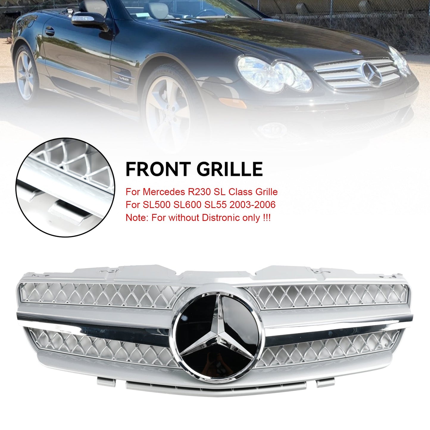 2002-2006 Mercedes Benz SL-Class R230 SL350 SL500 SL600 SL55 SL65 Front Bumper Grill Silver Chrome Grille