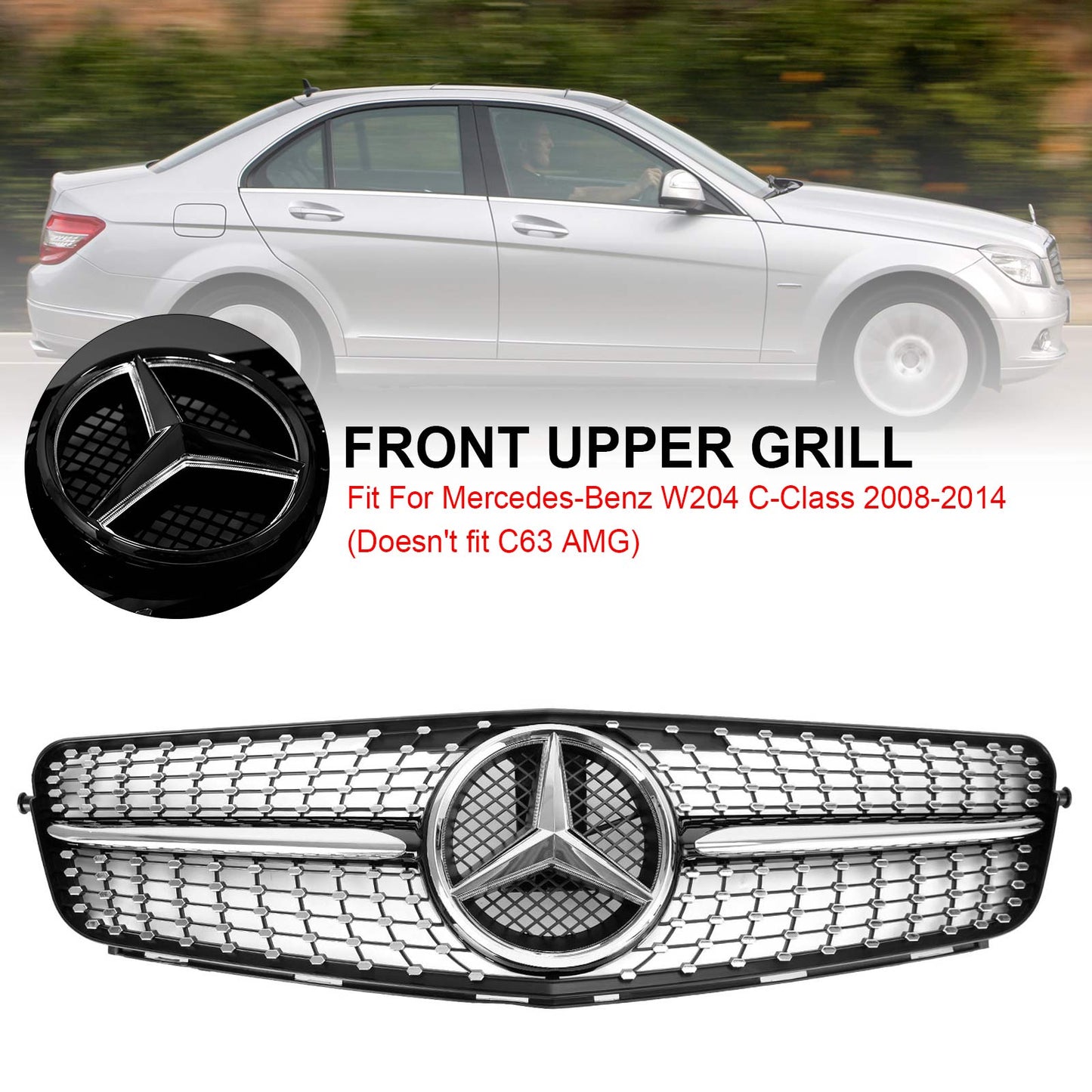 2008-2014 Mercedes Benz W204 C-Class C300 C350 Diamond Front Bumper Grill LED Emblem Grille
