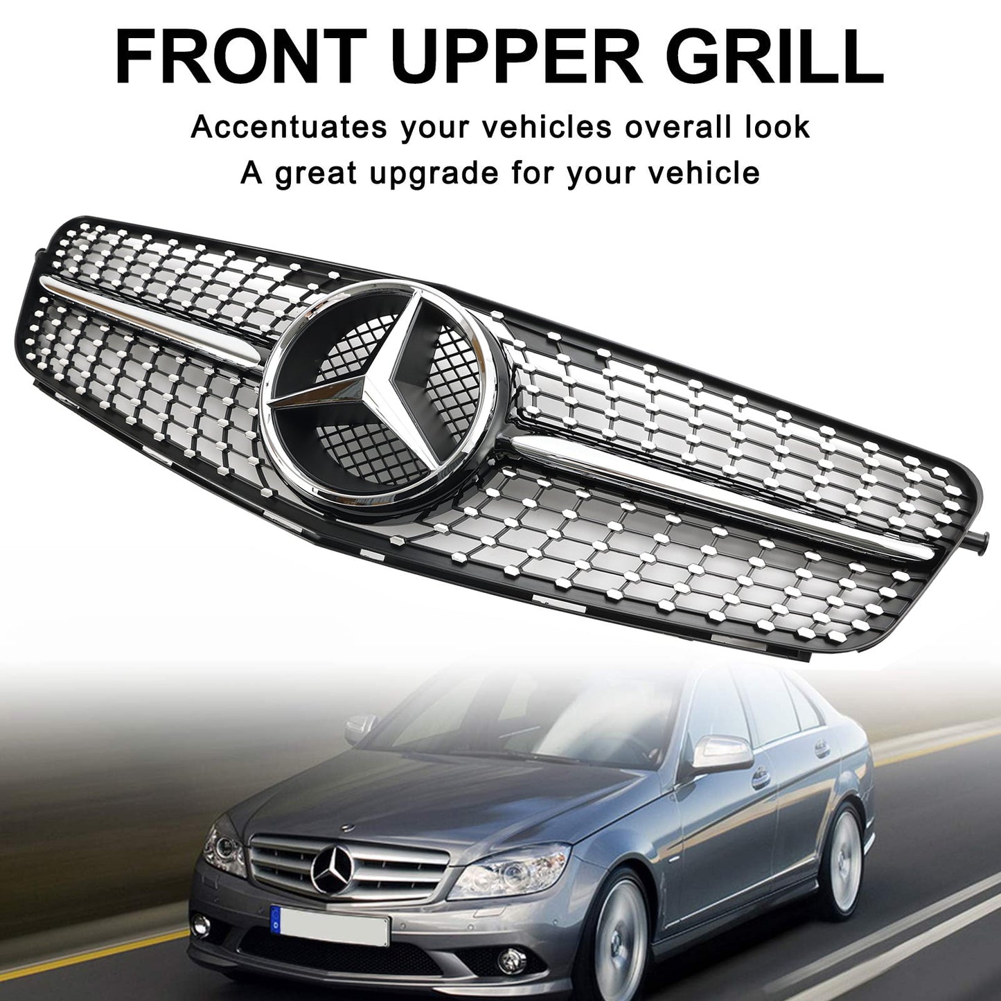 2008-2014 Mercedes Benz C-Class W204 C200 C230 C250 C300 C350 Diamond Black Chrome Front Grille Grill