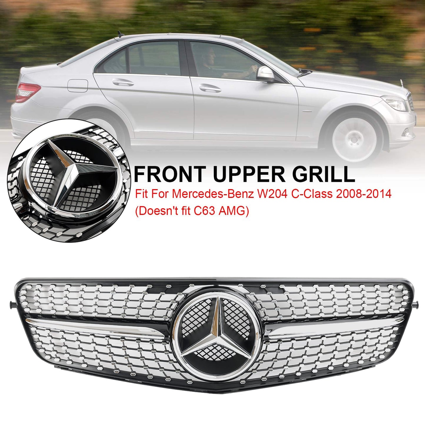 2008-2014 Mercedes Benz C-Class W204 C200 C230 C250 C300 C350 Diamond Black Chrome Front Grille Grill