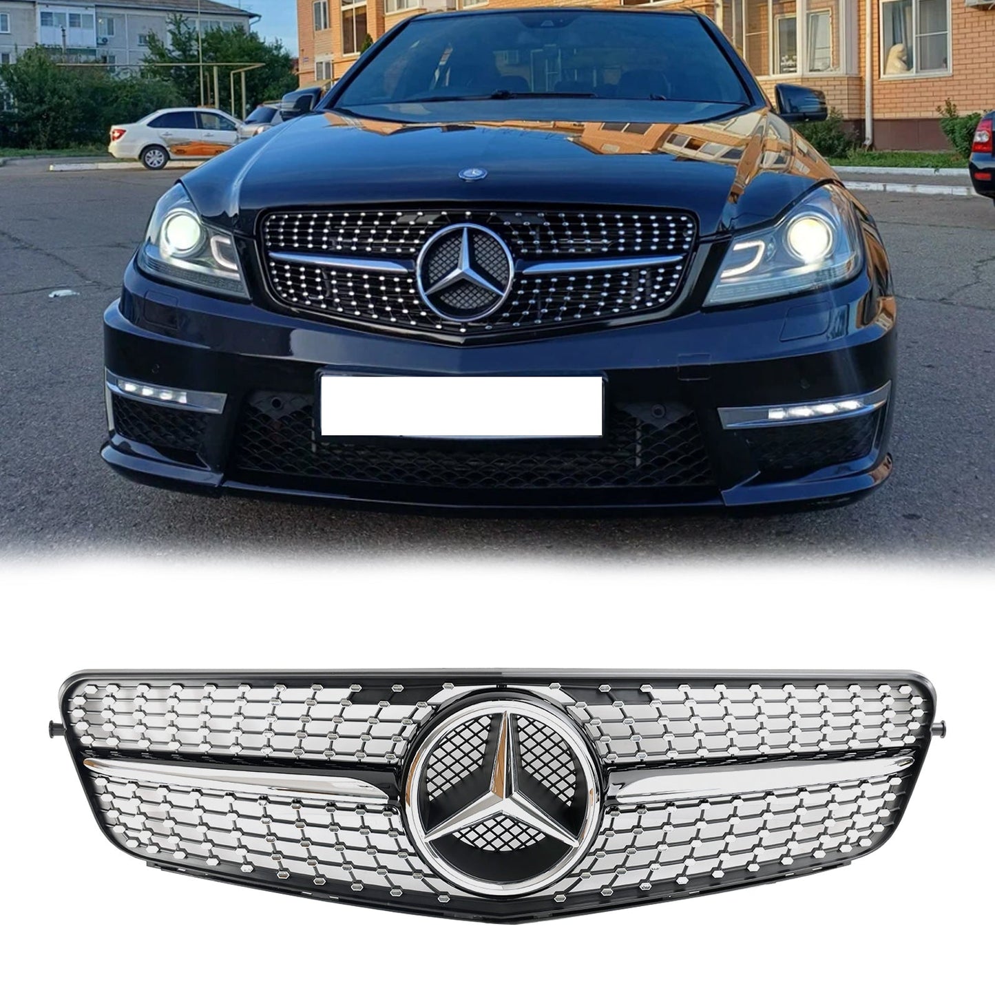 2008-2014 Mercedes Benz C-Class W204 Diamond Chrome Front Grille Replacement Bumper Grill