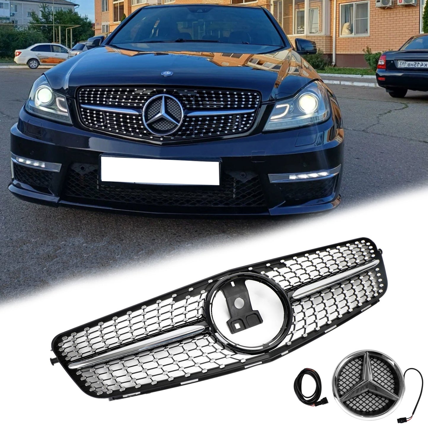 2008-2014 Mercedes Benz C-Class W204 C200 C230 C250 C300 C350 Diamond Black Chrome Front Grille Grill