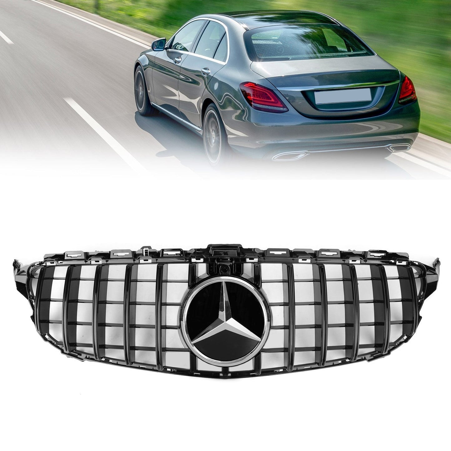 2019 2020 2021 Mercedes Benz C-Class W205 C205 A205 GTR Style Grille Glossy Black Front Bumper Grille W/Camera Hole