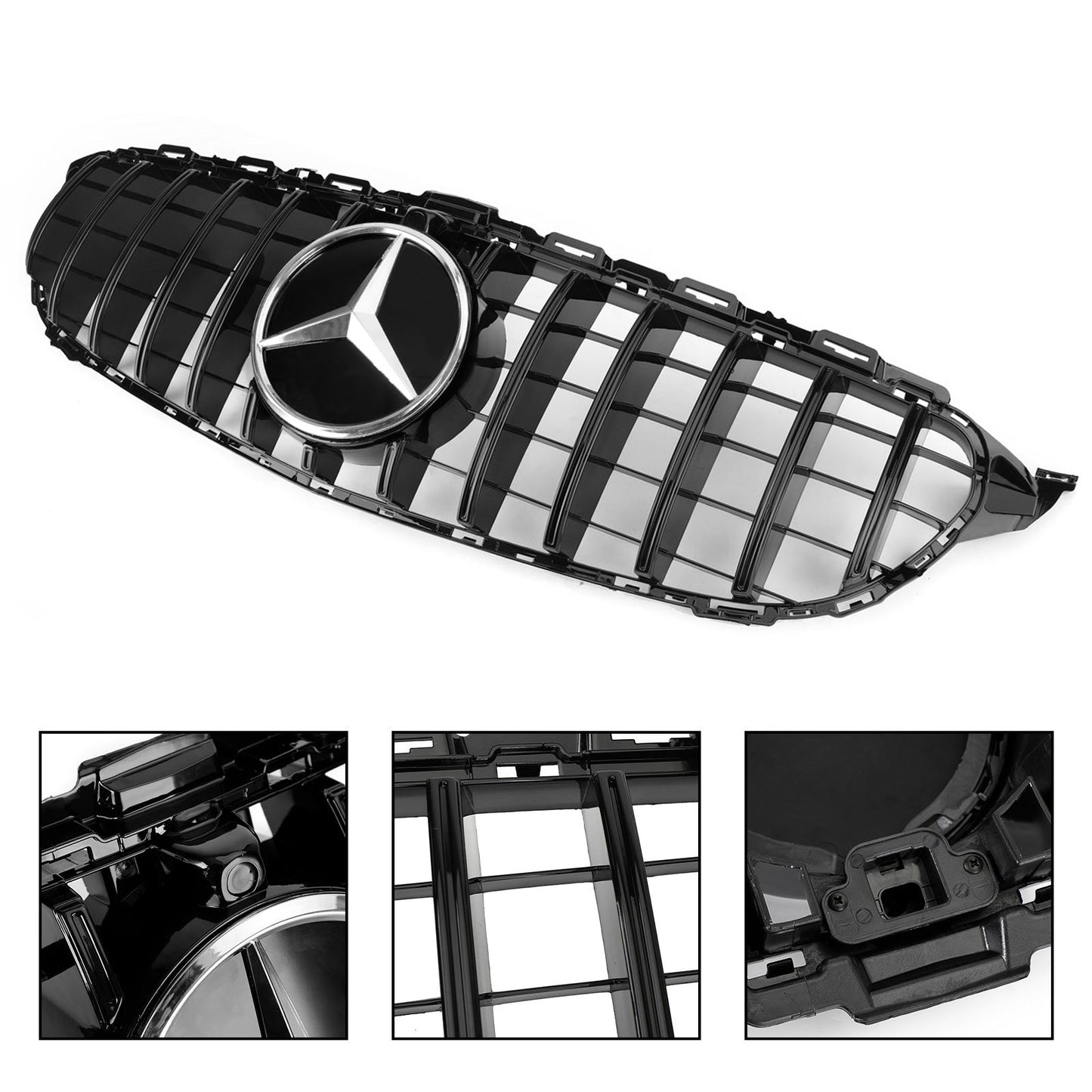 2019 2020 2021 Mercedes Benz C-Class W205 C205 A205 GTR Style Grille Glossy Black Front Bumper Grille W/Camera Hole