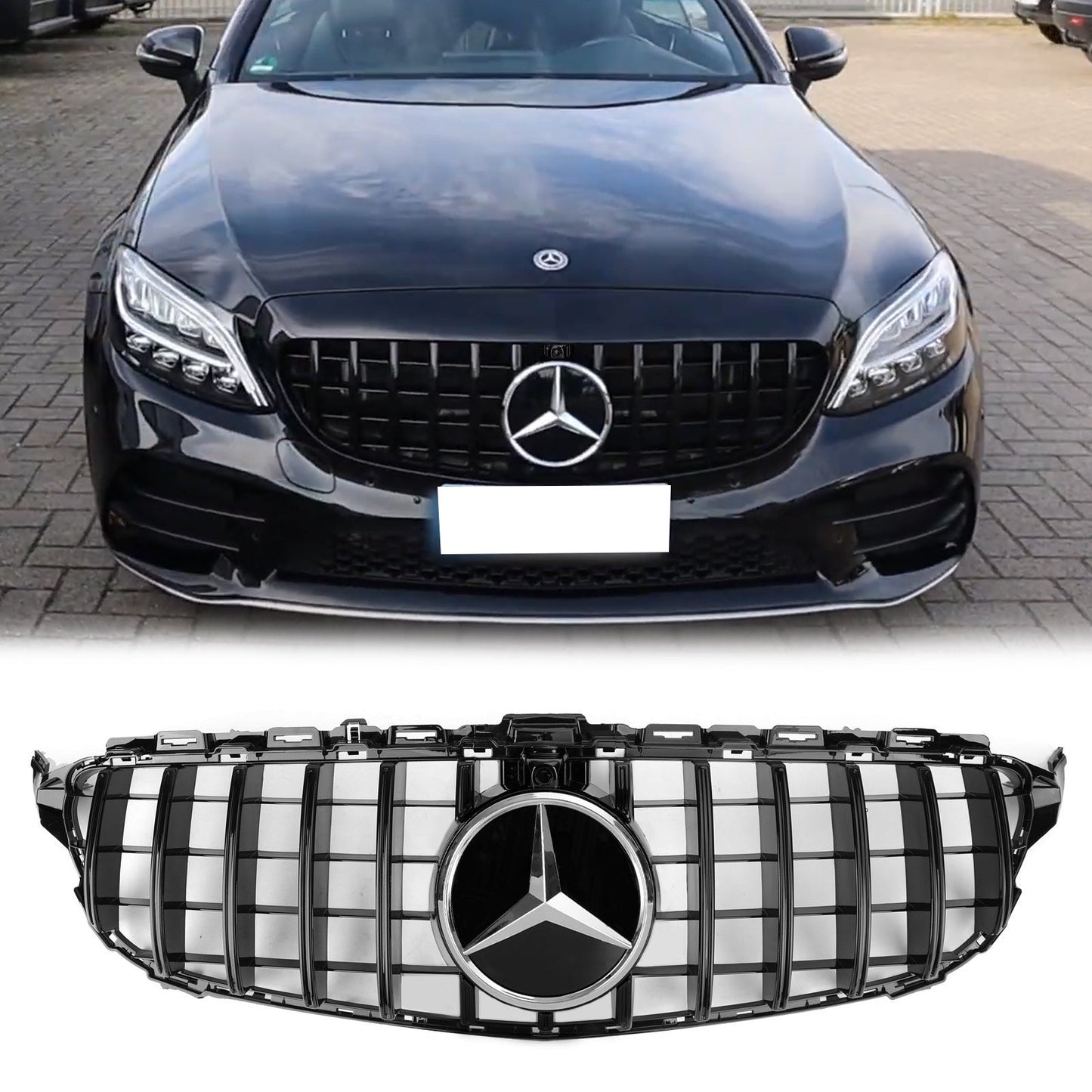 2019 2020 2021 Mercedes Benz C-Class W205 C205 A205 GTR Style Grille Glossy Black Front Bumper Grille W/Camera Hole
