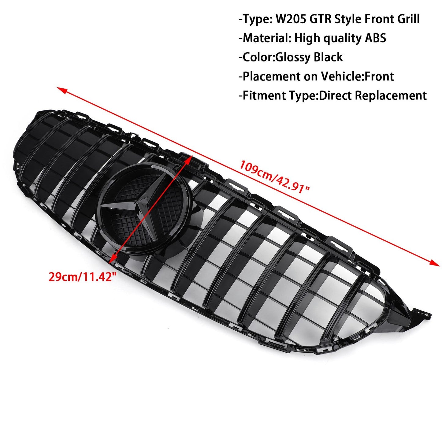 2015-2018 Mercedes Benz C-Class W205 C205 A205 C200/250/300/350/C43 GTR Style Front Bumper Grill Replacement Black Grille