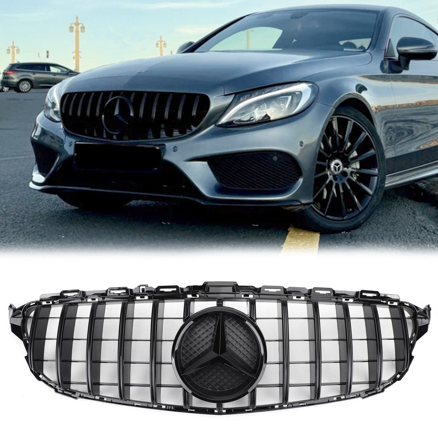 2015 2016 2017 2018 Mercedes Benz C-Class W205 C205 GT Style Grille Front Bumper Glossy Black Grill