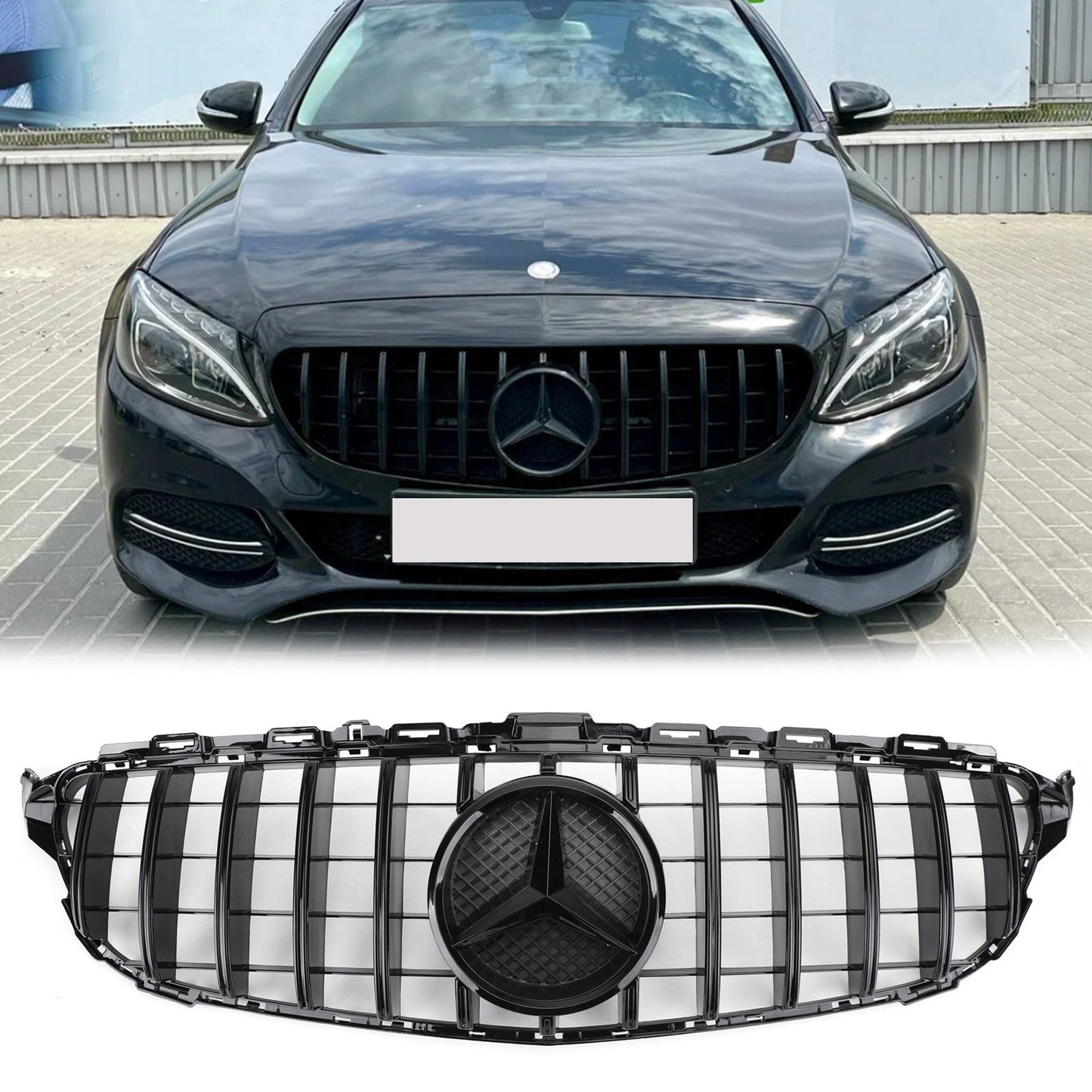 2015 2016 2017 2018 Mercedes Benz C-Class W205 C205 GT Style Grille Front Bumper Glossy Black Grill