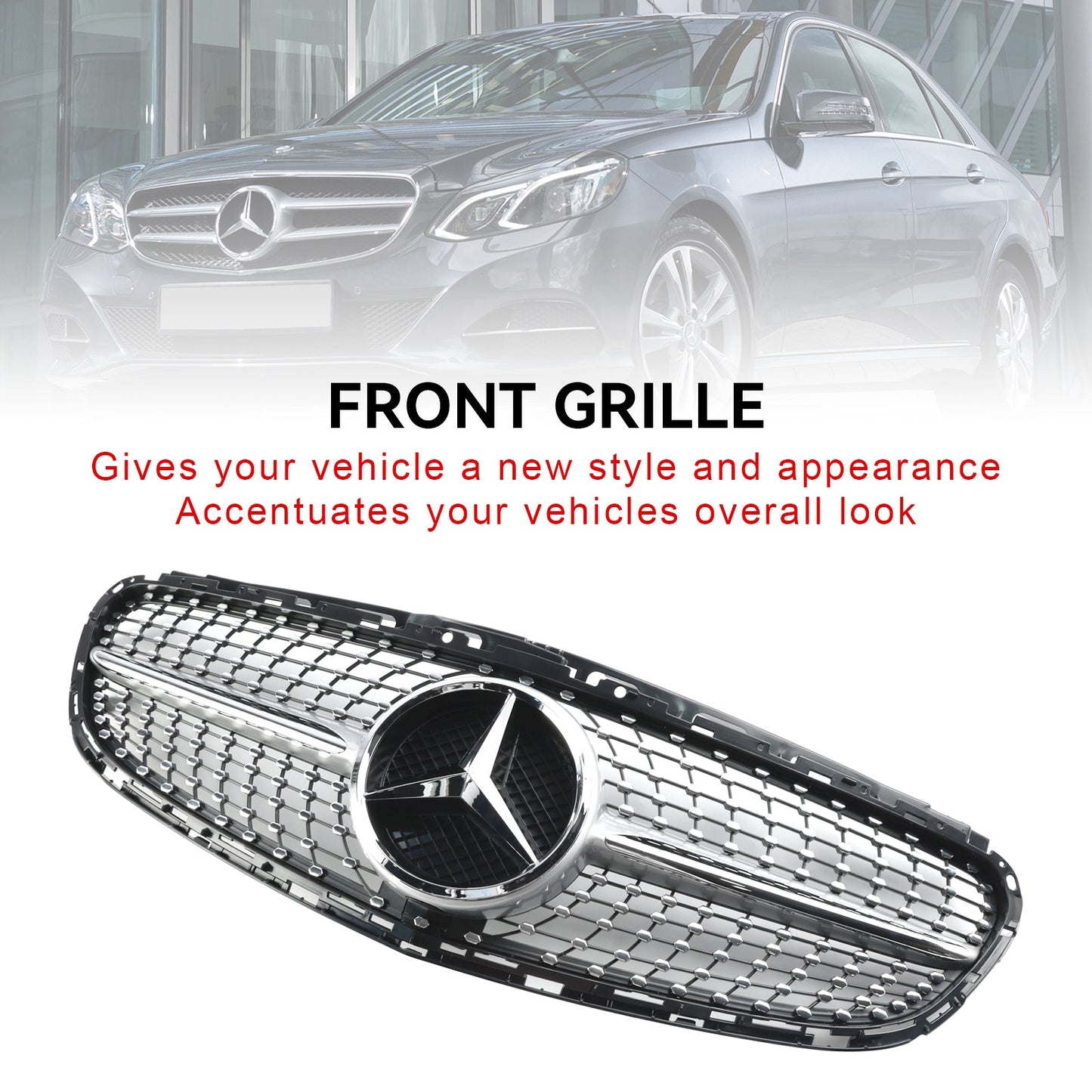 2013 2014 2015 2016 Mercedes Benz E-Class W212 Diamond Style Grill Front Bumper Replacement Chrome Grille W/ Emblem