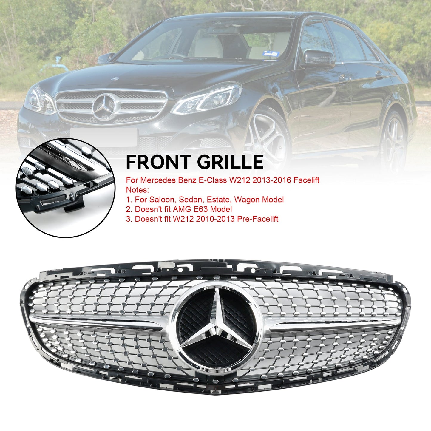 2013 2014 2015 2016 Mercedes Benz E-Class W212 Diamond Style Grill Front Bumper Replacement Chrome Grille W/ Emblem