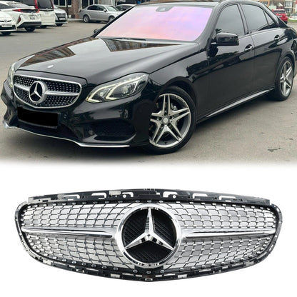 2013 2014 2015 2016 Mercedes Benz E-Class W212 Diamond Style Grill Front Bumper Replacement Chrome Grille W/ Emblem