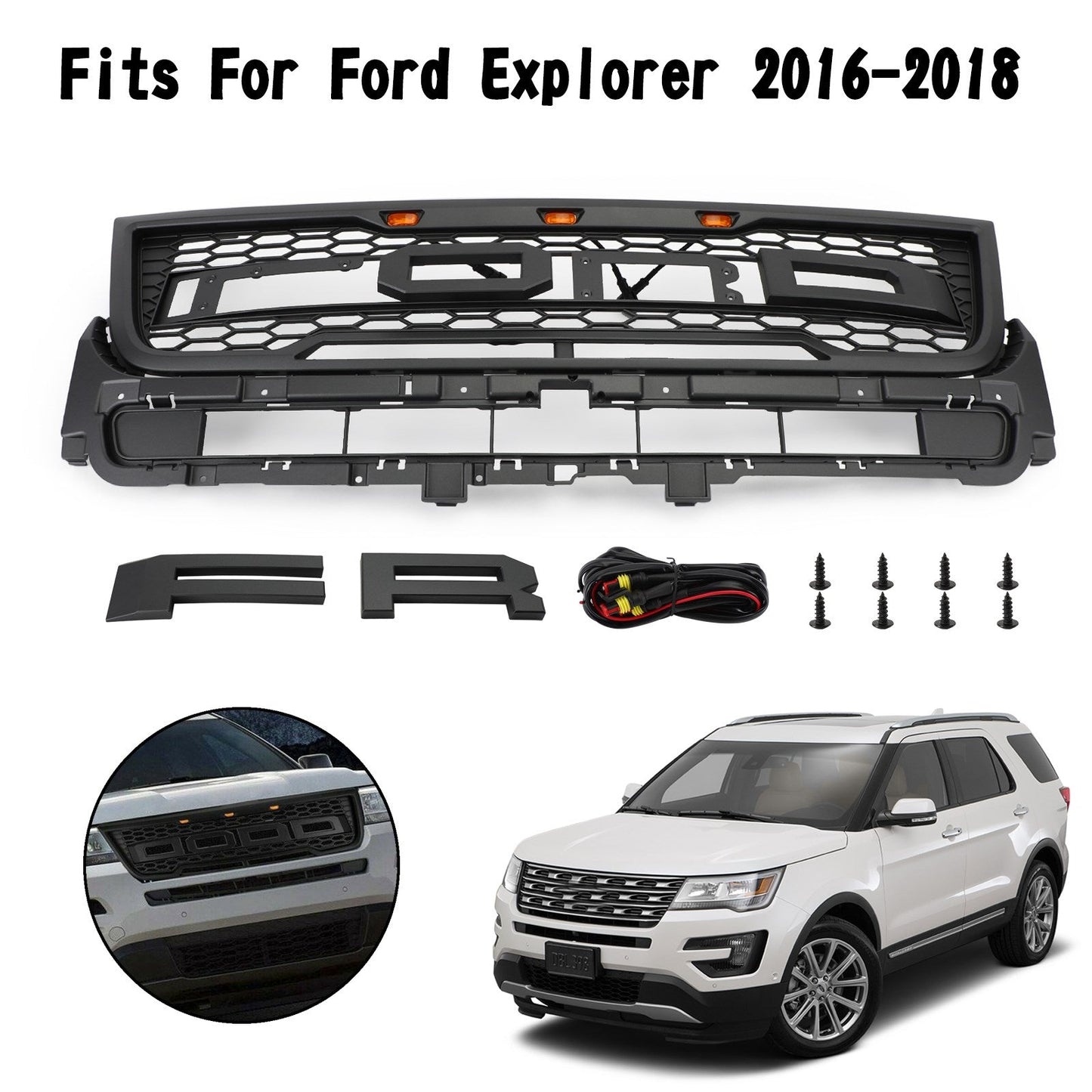 2016-2017 Ford Explorer Base/XLT/Limited/Platinum/Sport Front Upper Bumper Grill Replacement Black Grille With Lights