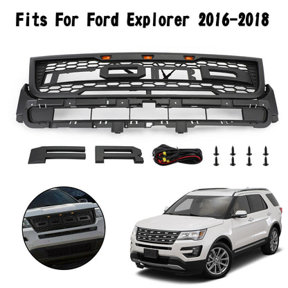 2016-2017 Ford Explorer Base/XLT/Limited/Platinum/Sport Front Upper Bumper Grill Replacement Black Grille With Lights