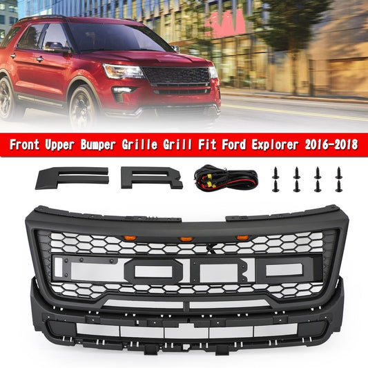 2016-2017 Ford Explorer Base/XLT/Limited/Platinum/Sport Front Upper Bumper Grill Replacement Black Grille With Lights