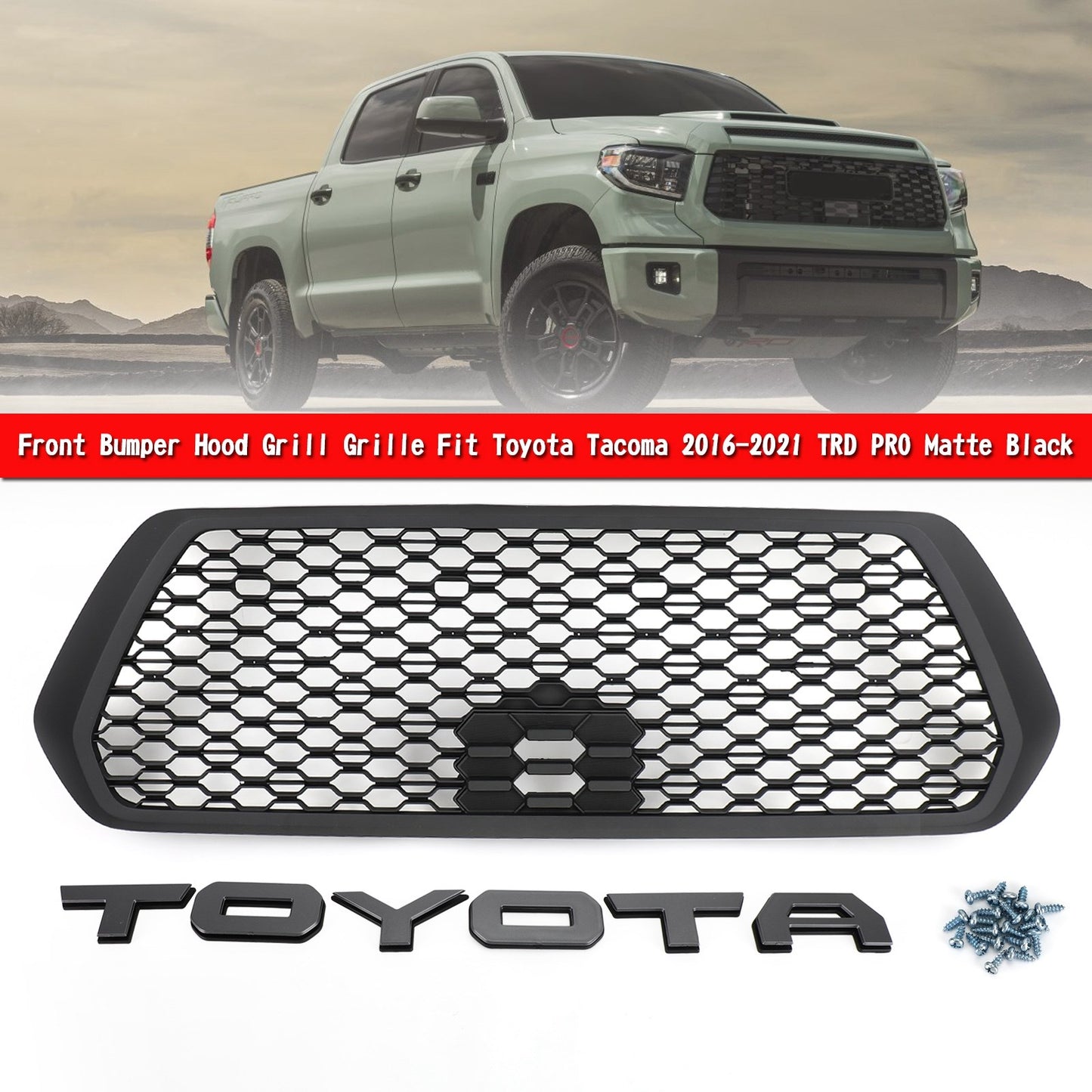 2016-2023 Toyota Tacoma TRD PRO Front Bumper Hood Grill Replacement Matte Black Grill