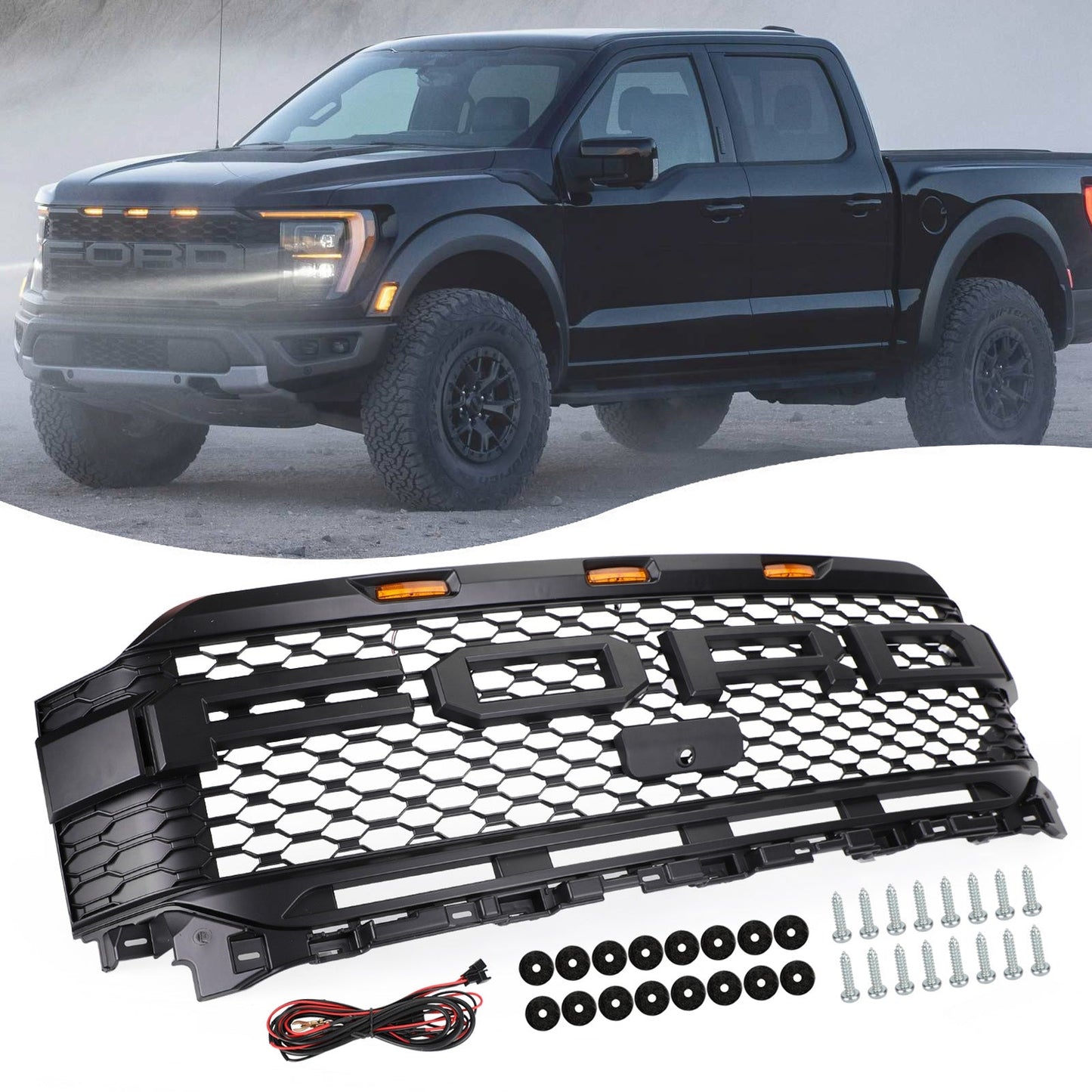 2021-2023 Ford F150 Raptor Style Grille Front Bumper Black Grill W/ LED & Camera Hole