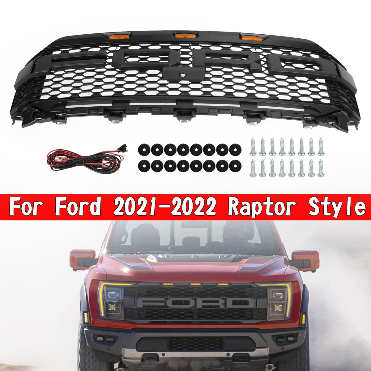 2021-2023 F150 Ford Raptor Replacement ABS Front Bumper Grille Grill W/ LED Generic