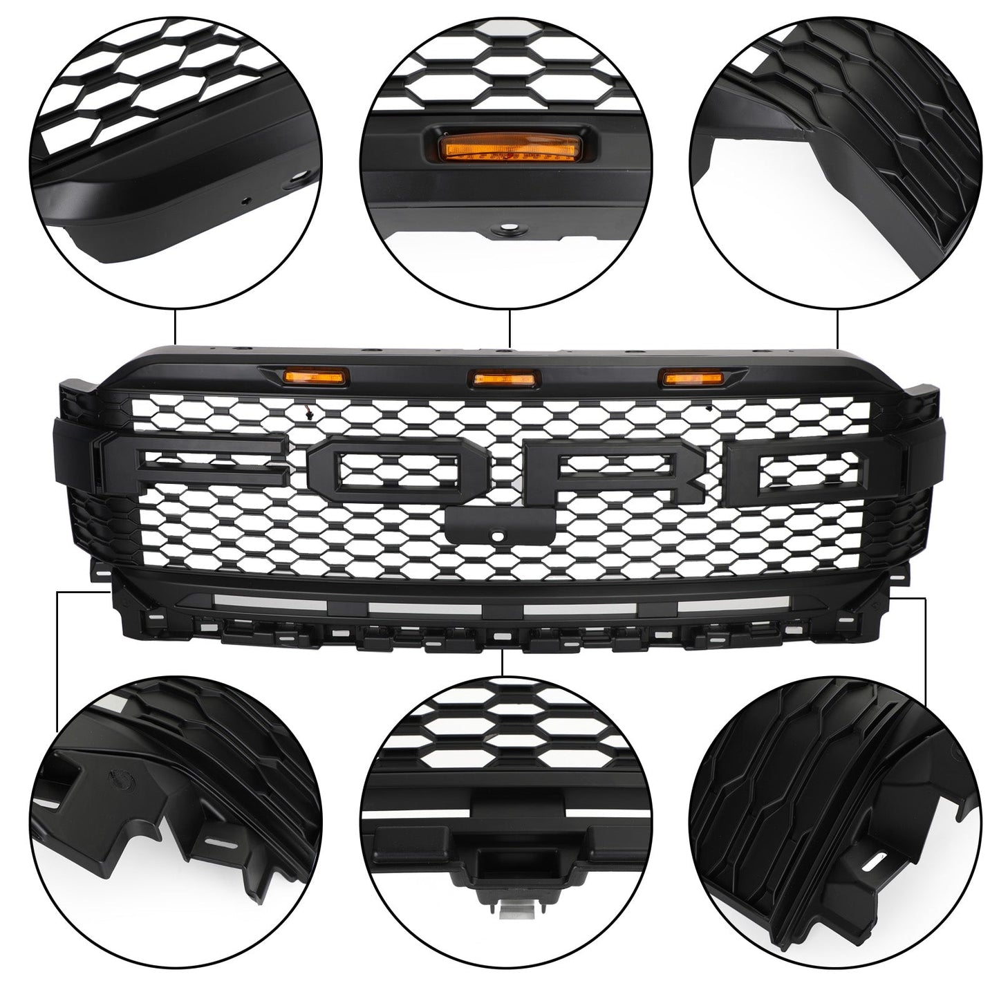 2021-2023 Ford F150 Front Bumper Honeycomb Black Grille With LED & Camera Hole & Letter Raptor Style Grill