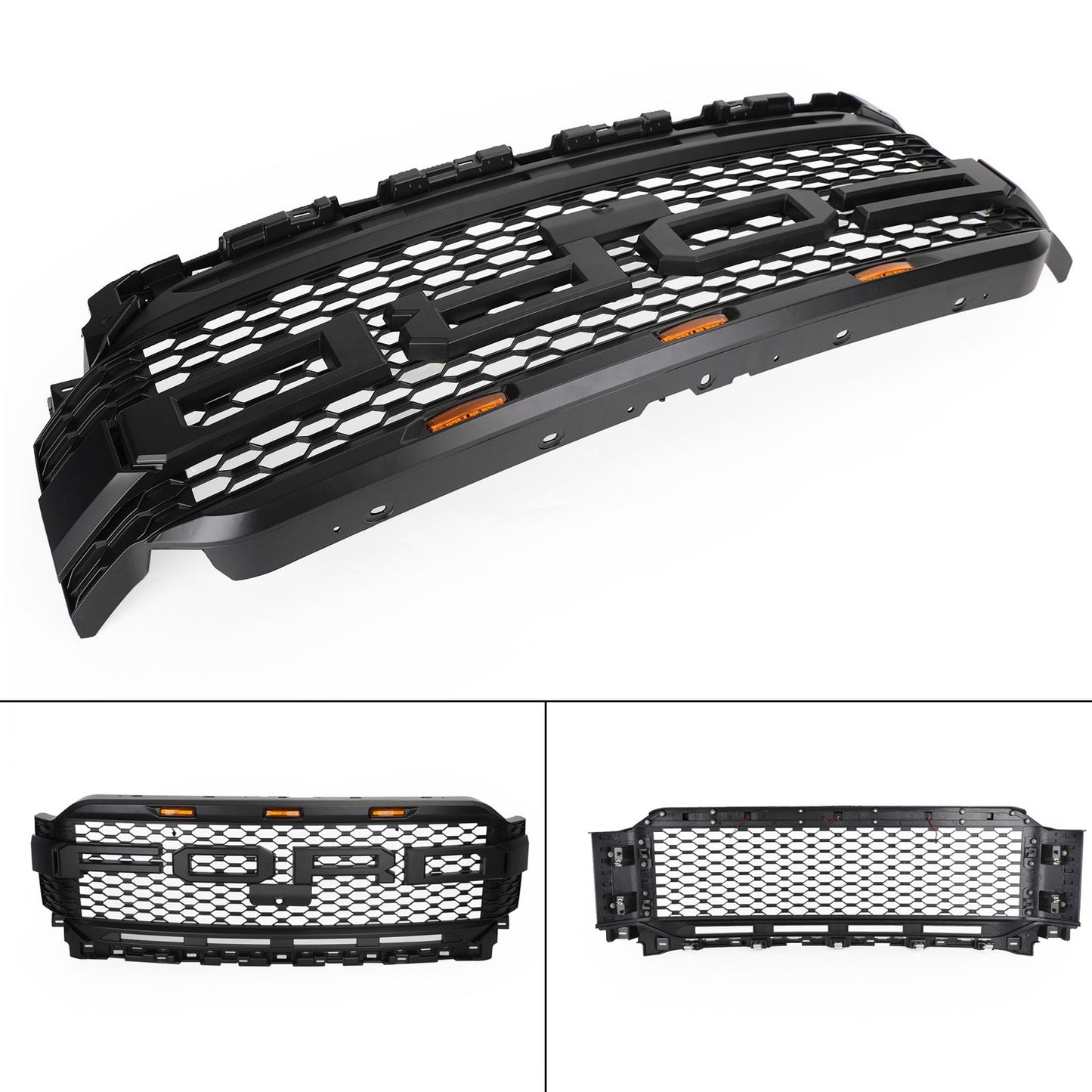 2021-2023 Ford F150 Front Bumper Honeycomb Black Grille With LED & Camera Hole & Letter Raptor Style Grill