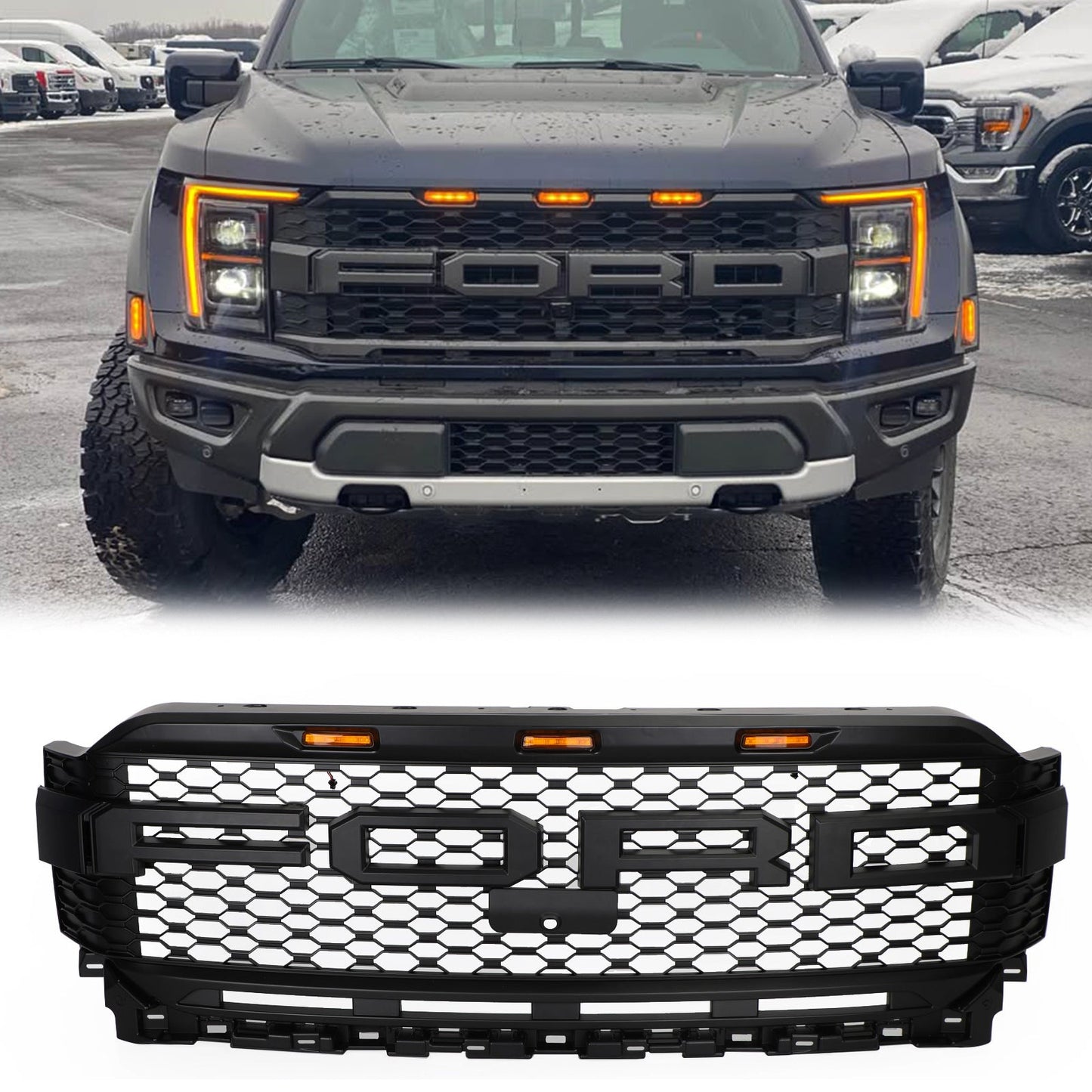 Ford F150 2021 2022 2023 Raptor Style Grill Front Bumper Honeycomb Matte Black Grille With LED Light