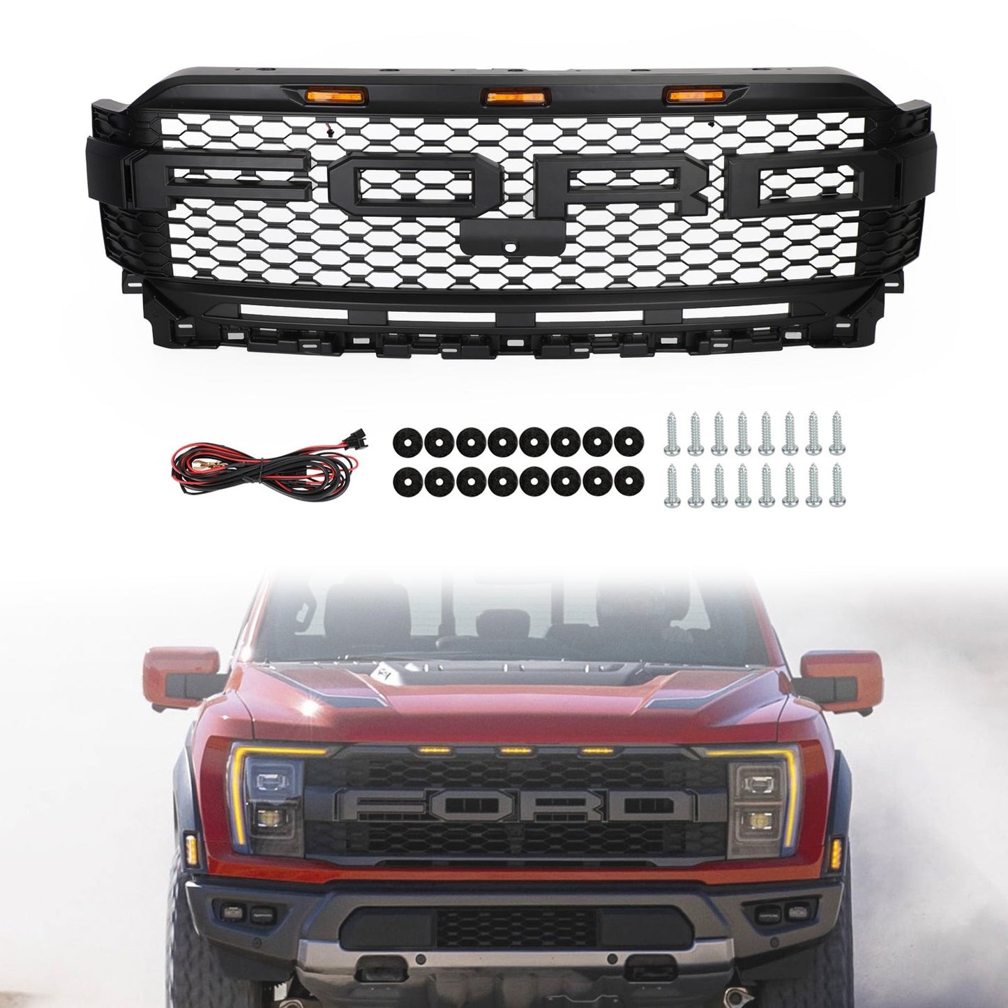 2021-2023 Ford F150 Raptor Style Grille Front Bumper Black Grill W/ LED & Camera Hole