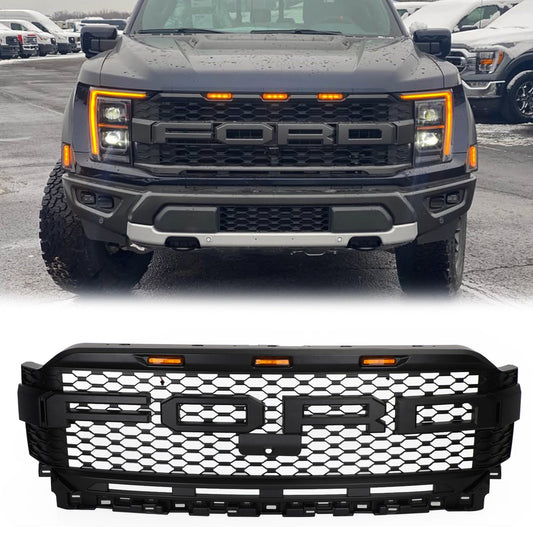 2021-2023 Ford F150 Raptor Style Grille Front Bumper Black Grill W/ LED & Camera Hole