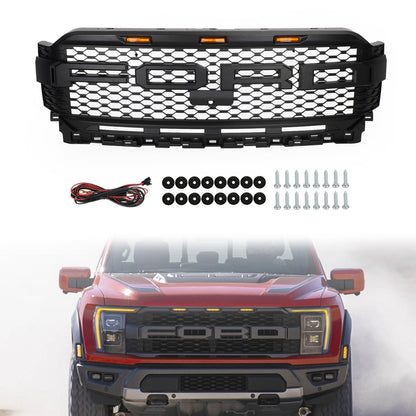 2021-2023 Ford F150 Front Bumper Honeycomb Black Grille With LED & Camera Hole & Letter Raptor Style Grill