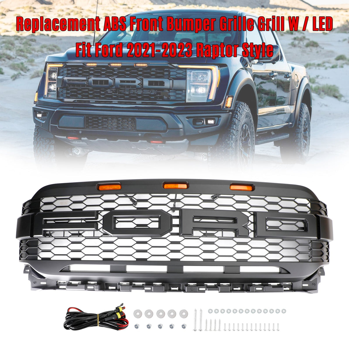2021-2023 Ford F150 Raptor Style Replacement Front Bumper Grille Grill W/ LED Generic