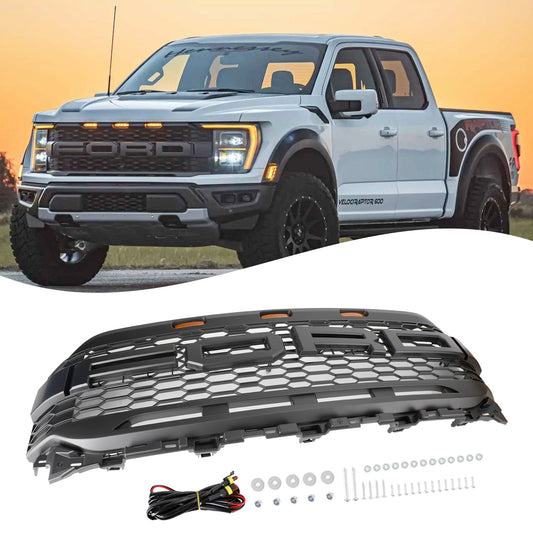 Ford F150 2021 2022 2023 Raptor Style Grill Front Bumper Honeycomb Matte Black Grille With LED Light