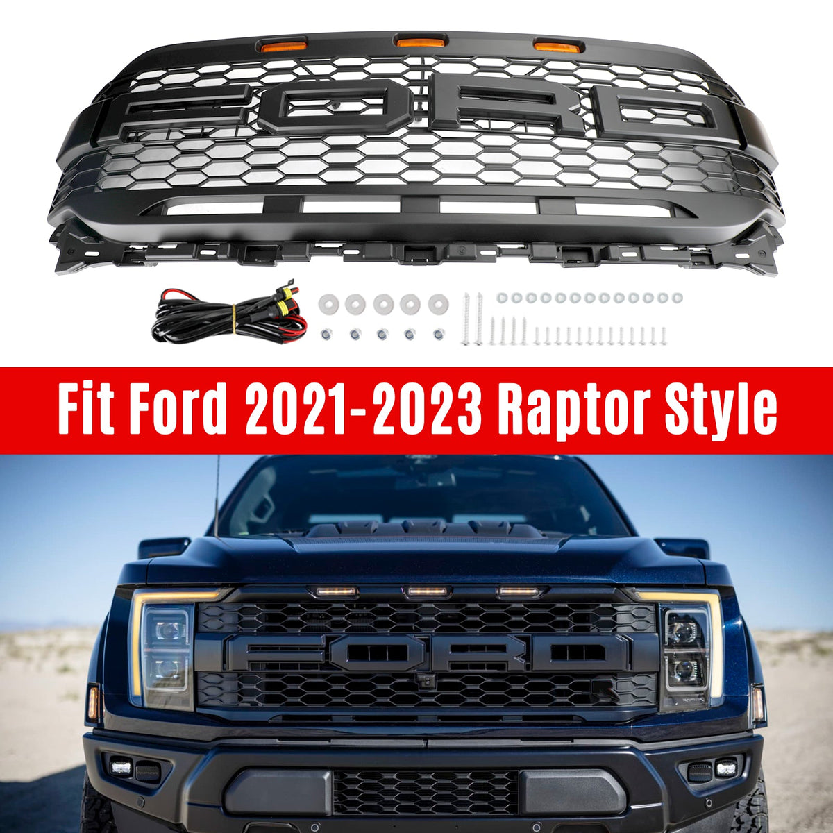 2021-2023 F150 Ford Raptor Style Replacement Front Bumper Grille Grill W/ LED Generic
