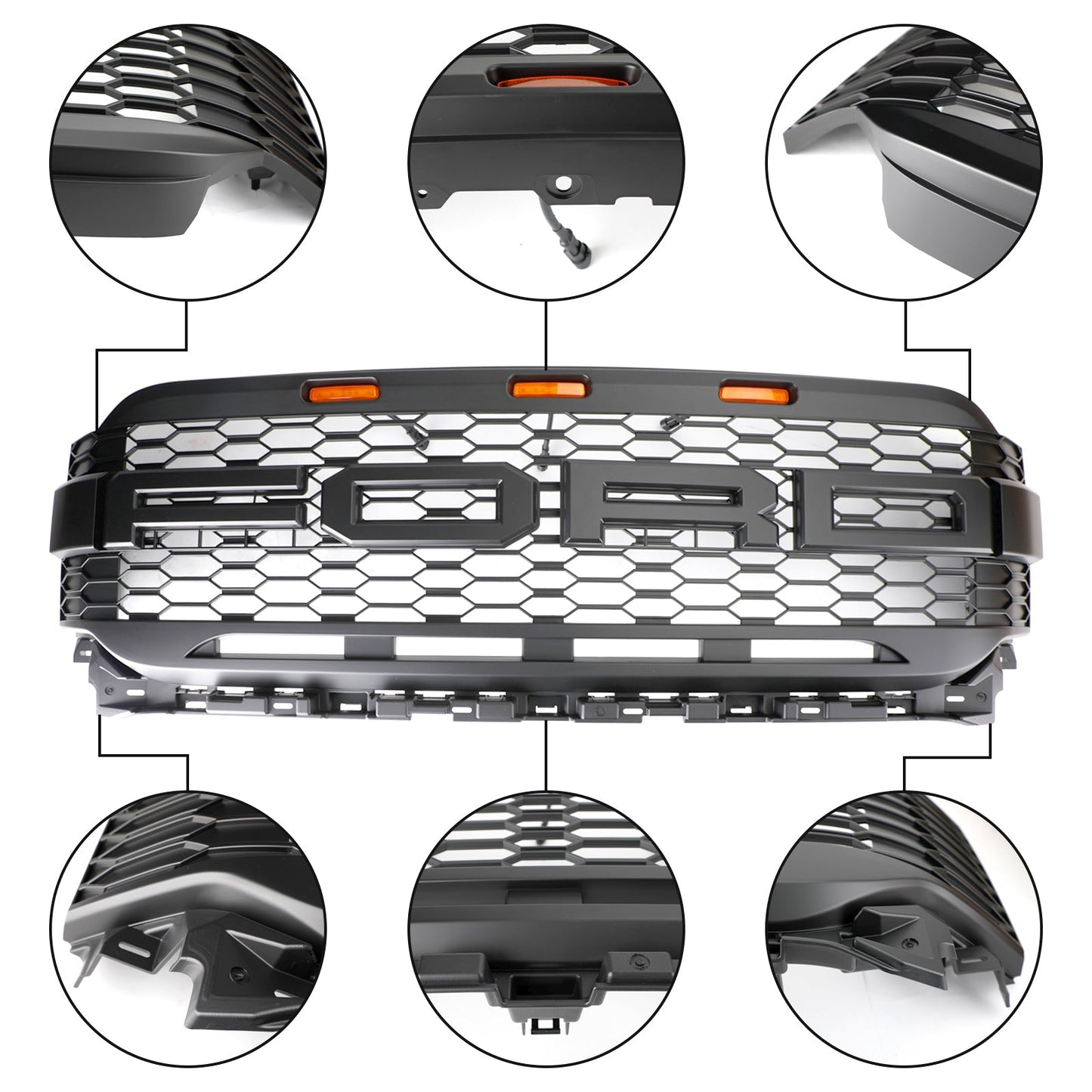 Ford F150 2021 2022 2023 Raptor Style Grill Front Bumper Honeycomb Matte Black Grille With LED Light