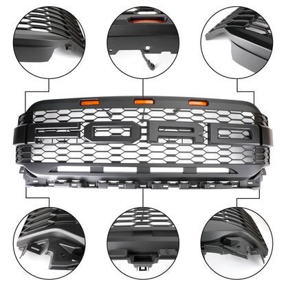 Ford F150 2021 2022 2023 Raptor Style Grill Front Bumper Honeycomb Matte Black Grille With LED Light