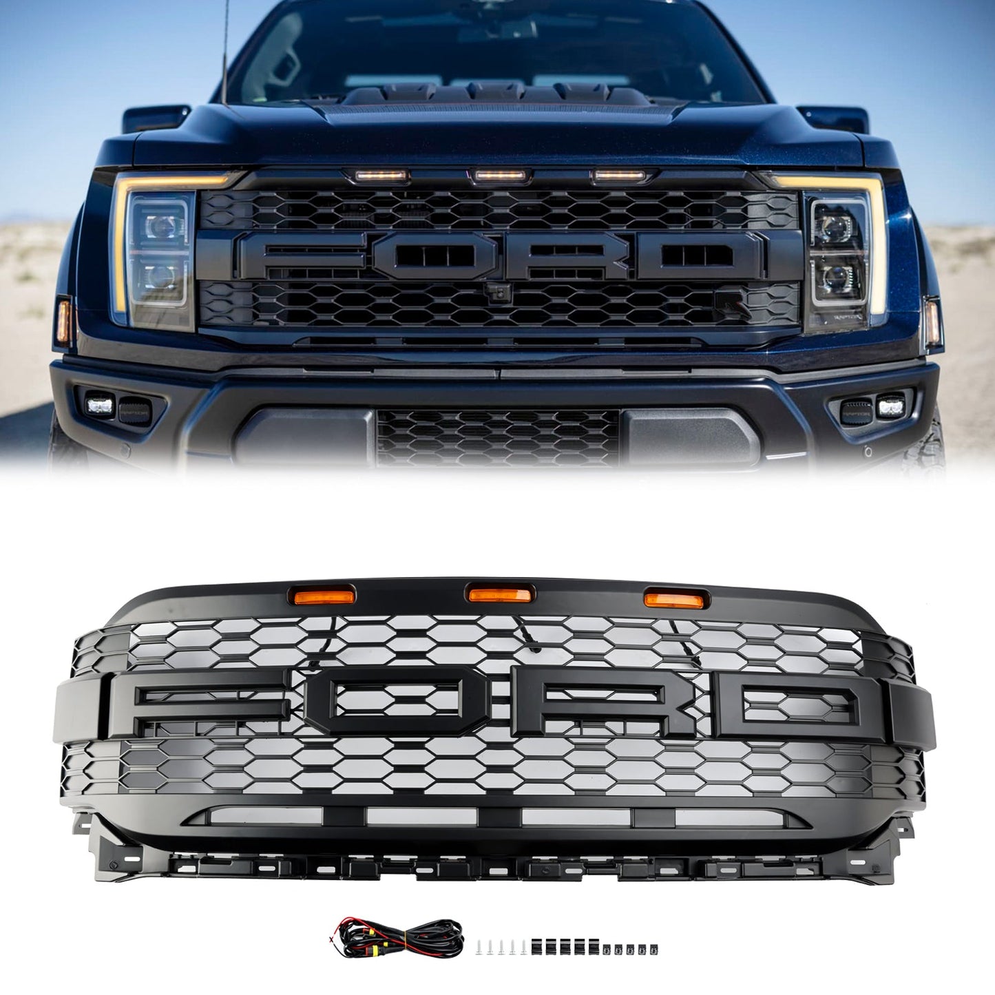 Ford F150 2021 2022 2023 Raptor Style Grill Front Bumper Honeycomb Matte Black Grille With LED Light