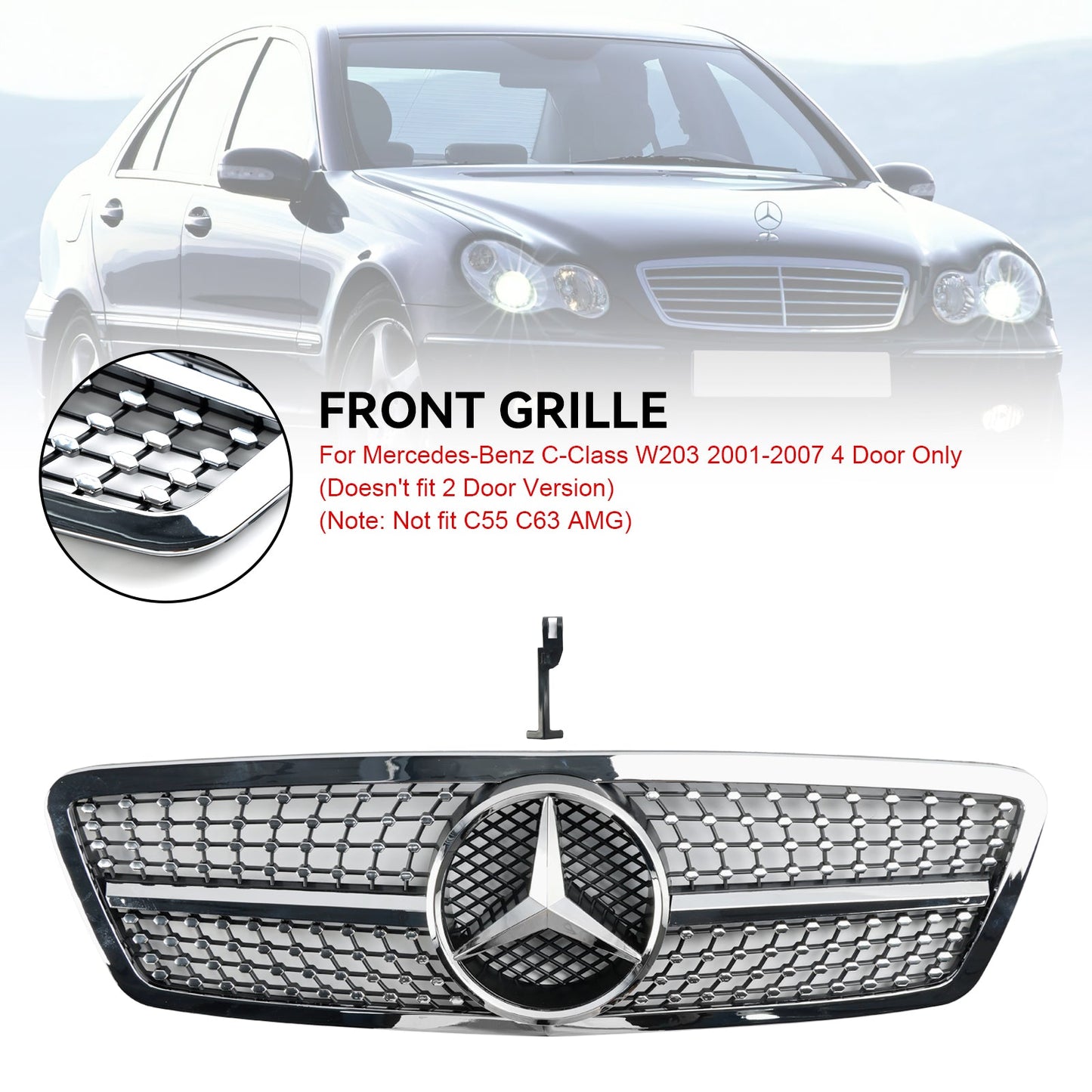 2001-2007 Mercedes-Benz C-Class W203 Front Bumper Grille Chrome Replacement Grill