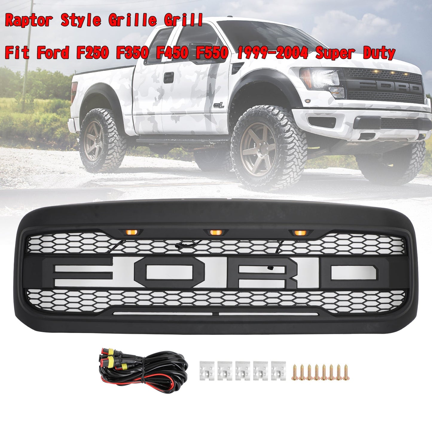 1999-2004 Excursion F250 F350 F450 Super Duty Ford Raptor Style Grill Replacement Black Grille