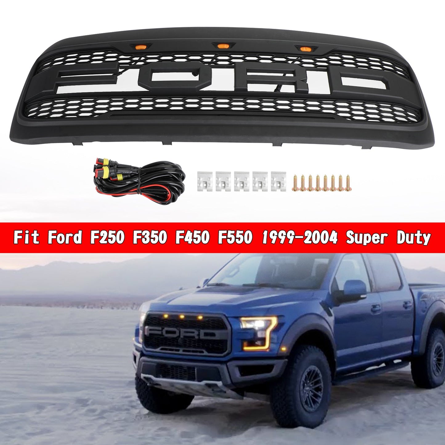 1999-2004 Excursion F250 F350 F450 Super Duty Ford Raptor Style Grill Replacement Black Grille