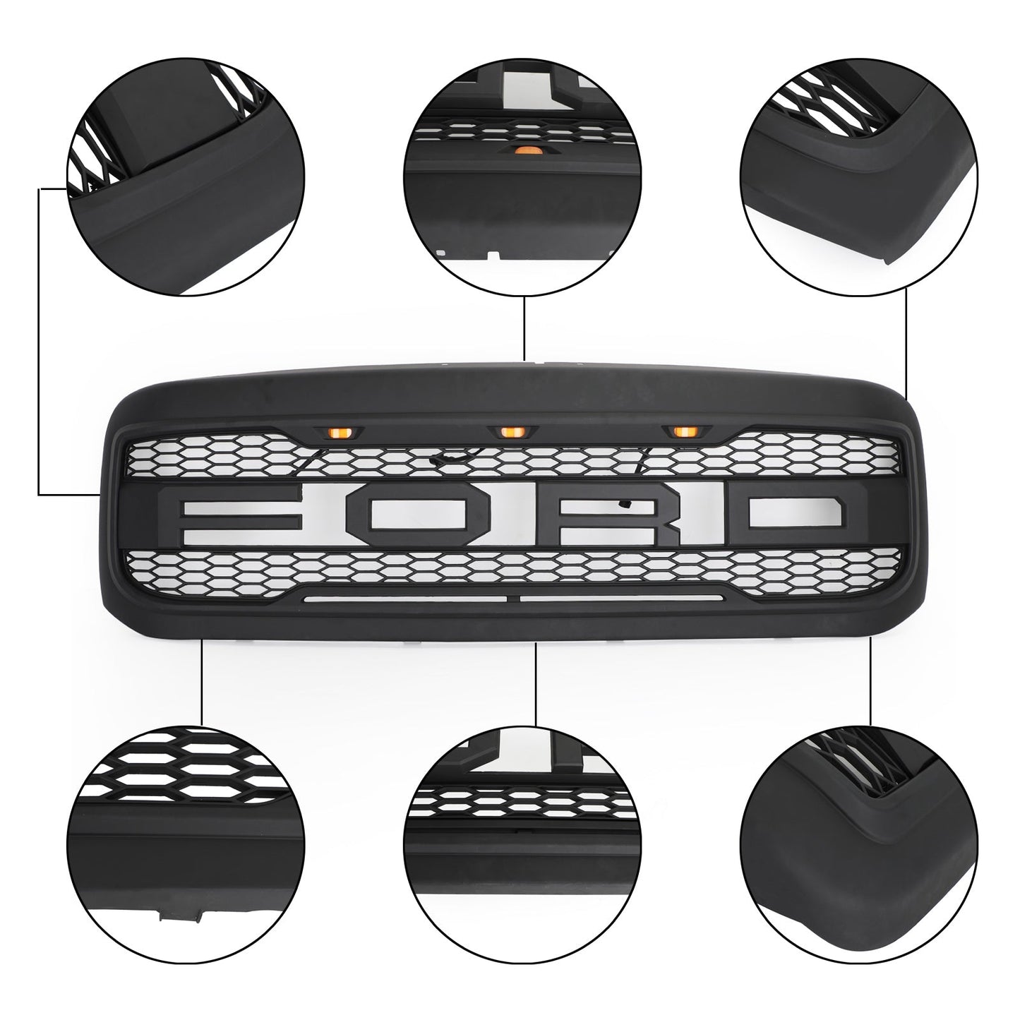 Raptor Style Grill For 1999-2004 Ford F250 F350 F450 Super Duty Front Bumper Black Honeycomb Grille W/ LED & Letter