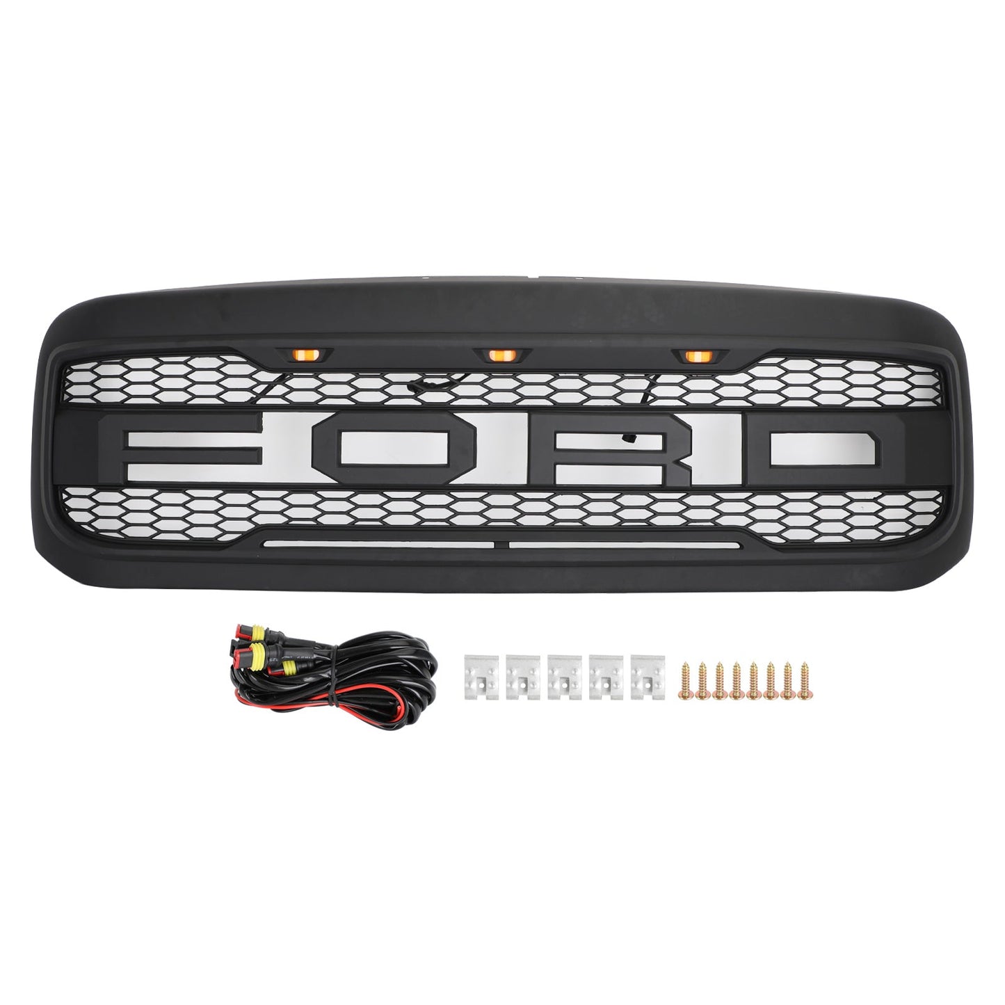 Ford F250 F350 F450 Super Duty 1999-2004 Raptor Front Grill Bumper Matte Black Grille W/ LED Light