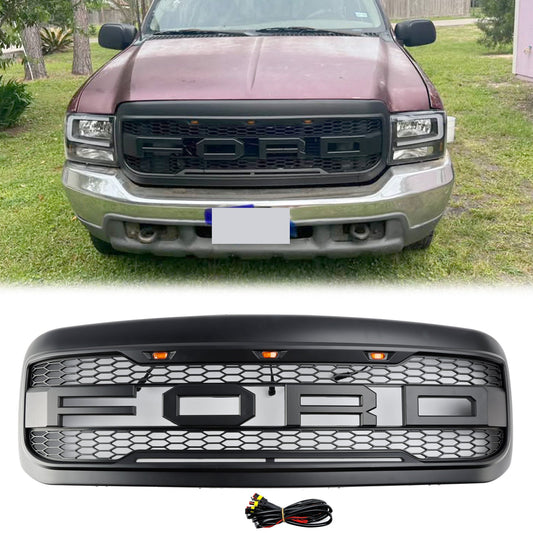 Raptor Style Grill For 1999-2004 Ford F250 F350 F450 Super Duty Front Bumper Black Honeycomb Grille W/ LED & Letter