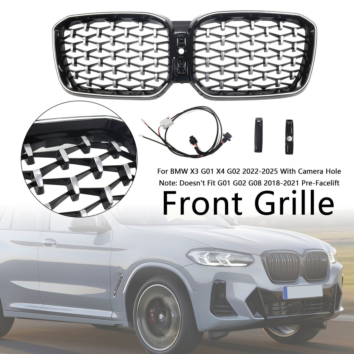 BMW X3 G01 / X4 G02 2022-2025 Black Kidney Front Grill Air Intake Radiator Bumper Grille W/ LED Strip Light