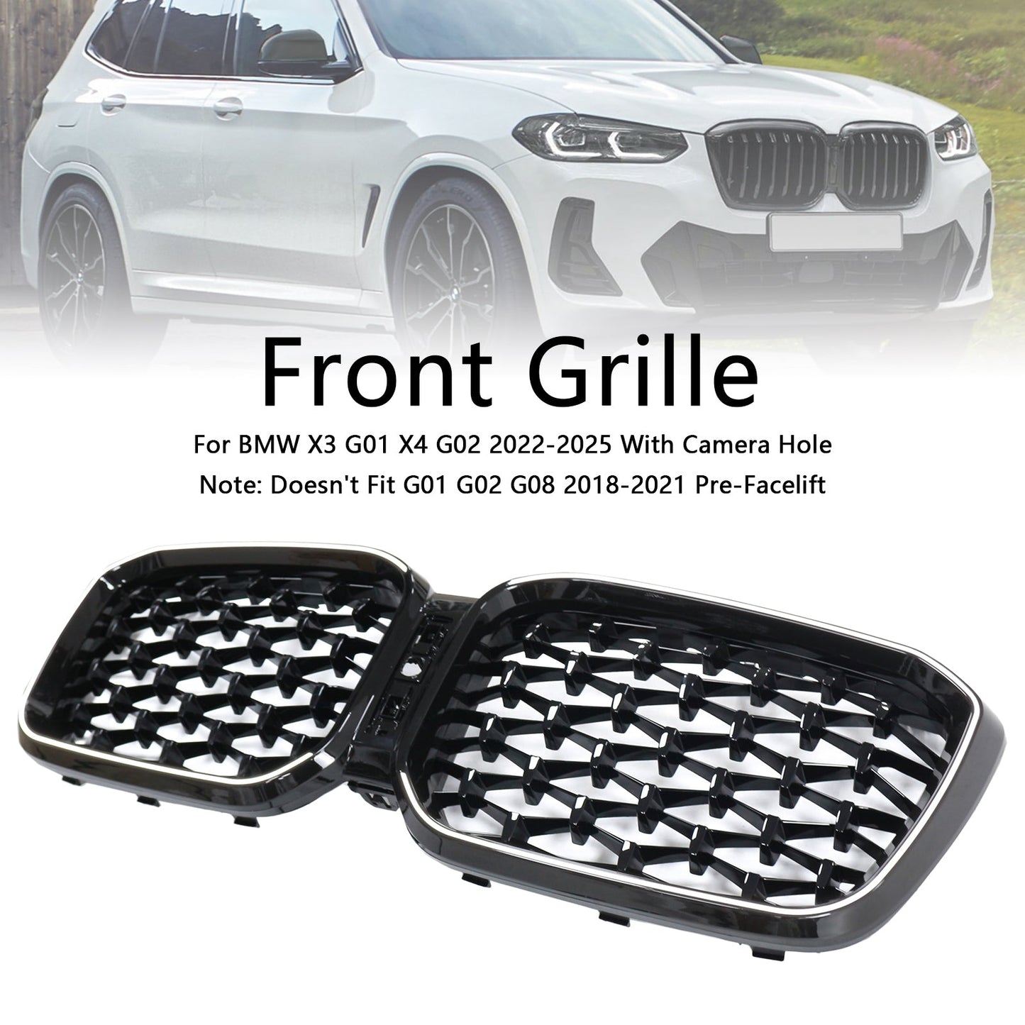 BMW X3 G01 / X4 G02 2022-2025 Black Kidney Front Grill Air Intake Radiator Bumper Grille W/ LED Strip Light
