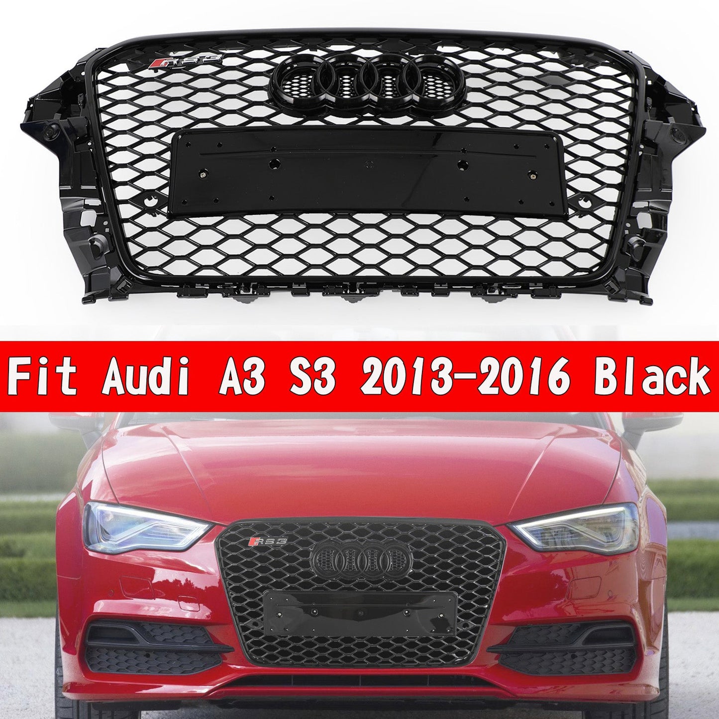 2013-2016 Audi A3 / A3 Sline / S3 Front Grill Air Intake Radiator Glossy Black RS Honeycomb Bumper Grille With Rings Emblem