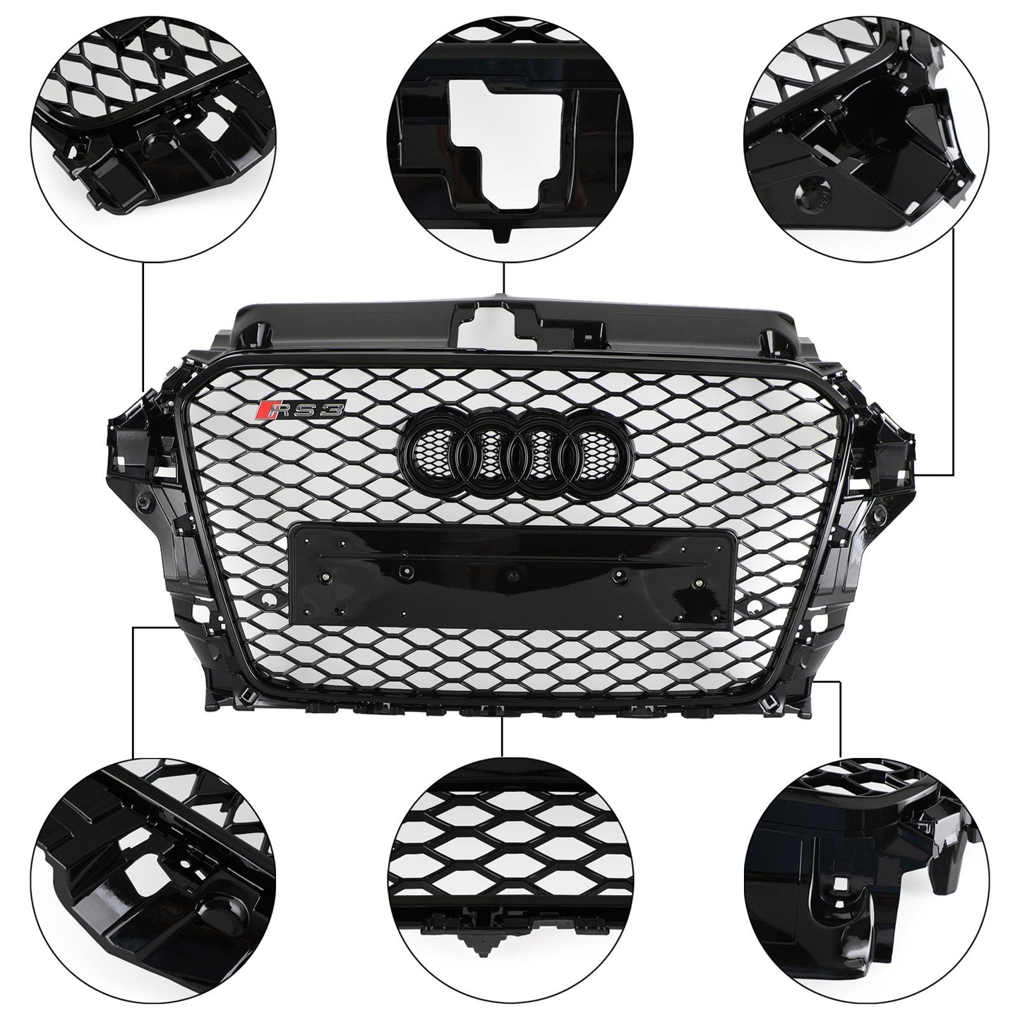 2013-2016 Audi A3 / A3 Sline / S3 Front Grill Air Intake Radiator Glossy Black RS Honeycomb Bumper Grille With Rings Emblem