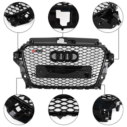 2013-2016 Audi A3 / A3 Sline / S3 Front Grill Air Intake Radiator Glossy Black RS Honeycomb Bumper Grille With Rings Emblem