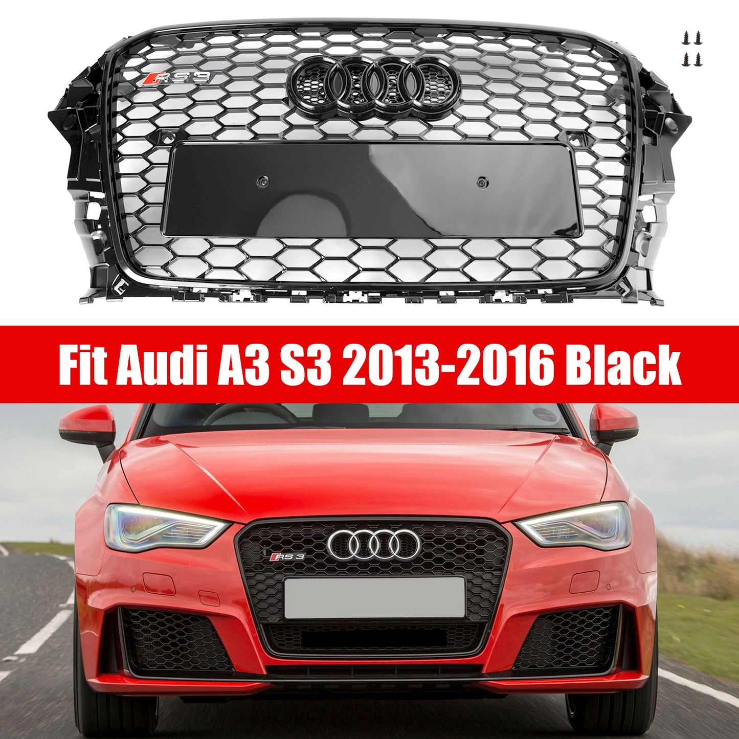 2013-2016 Audi A3 / A3 Sline / S3 Front Grill Air Intake Radiator Glossy Black RS Honeycomb Bumper Grille With Rings Emblem