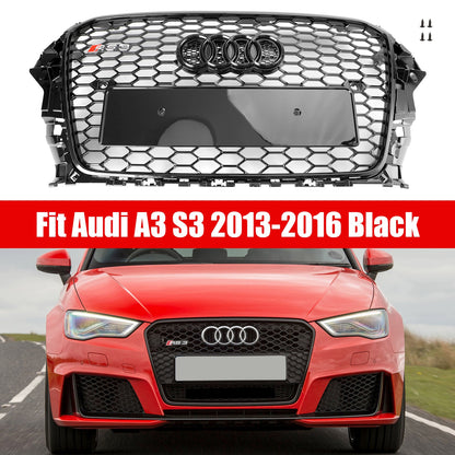 2013-2016 Audi A3 / A3 Sline / S3 Front Grill Air Intake Radiator Glossy Black RS Honeycomb Bumper Grille With Rings Emblem