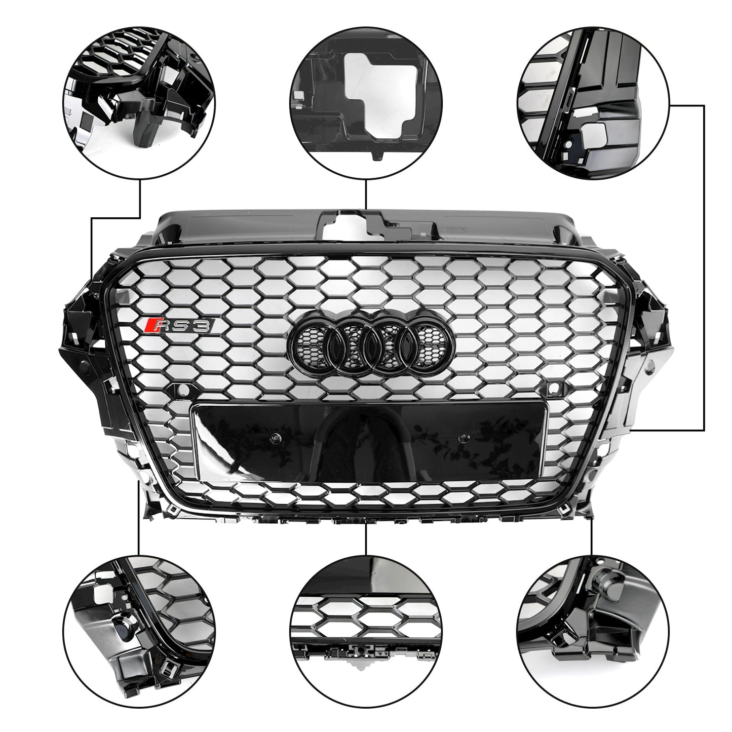 2013-2016 Audi A3 / A3 Sline / S3 Front Grill Air Intake Radiator Glossy Black RS Honeycomb Bumper Grille With Rings Emblem